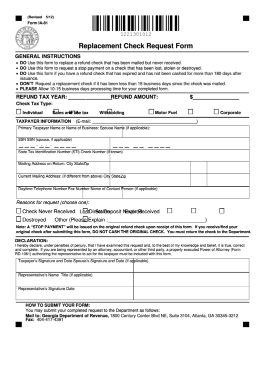 Fillable Form Ia-81 - Replacement Check Request Form Printable pdf