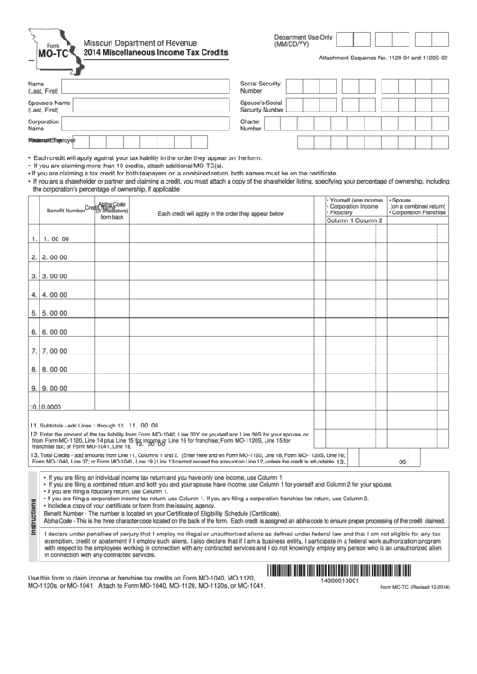 Fillable Form Mo-Tc - Miscellaneous Income Tax Credits - 2014 Printable pdf