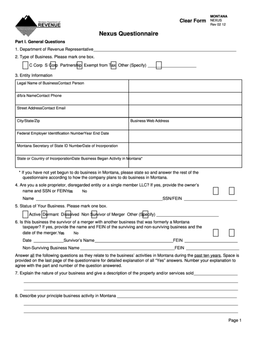 Fillable Form Nexus - Nexus Questionnaire - Montana Department Of Revenue Printable pdf