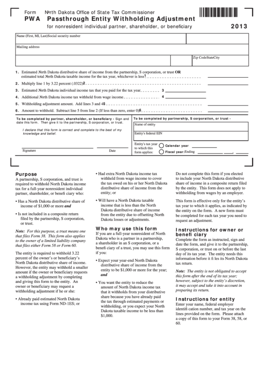 Fillable Form Pwa - Passthrough Entity Withholding Adjustment - 2013 Printable pdf