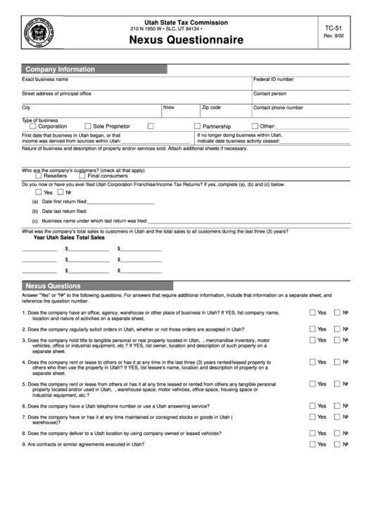 Fillable Form Tc-51 - Nexus Questionnaire Printable pdf