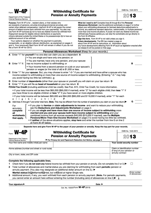 Form W-4p - Withholding Certificate For Pension Or Annuity Payments - 2013