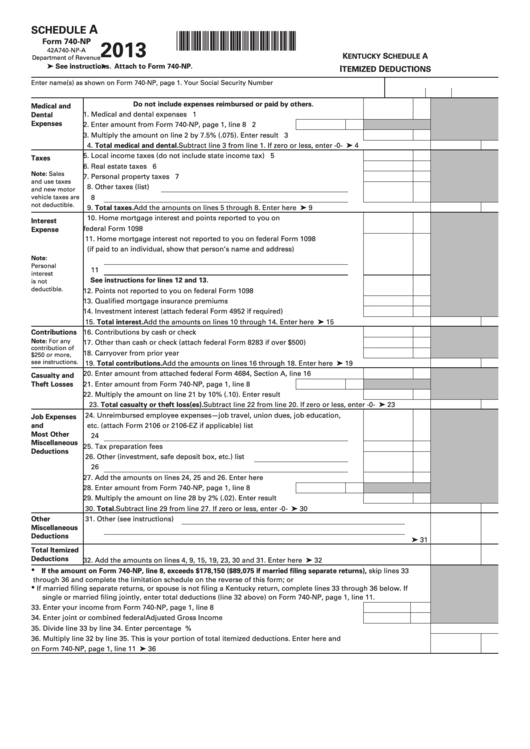 Fillable Kentucky Schedule A (Form 740-Np) - Itemized Deductions - 2013 Printable pdf