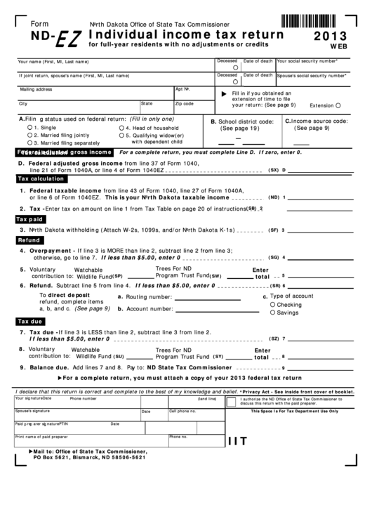 Fillable Form Nd-Ez - Individual Income Tax Return - 2013 Printable pdf