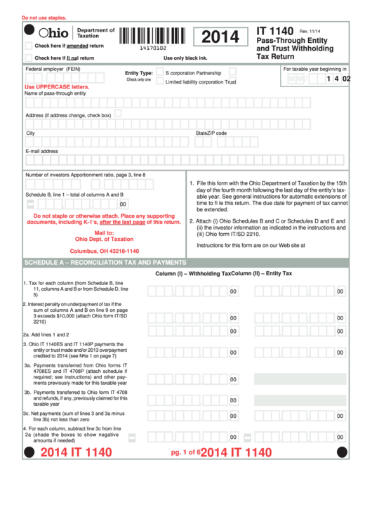 Form It 1140 - Pass-Through Entity And Trust Withholding Tax Return - 2014 Printable pdf
