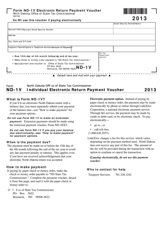 Fillable Form Nd-1v - Individual Electronic Return Payment Voucher - 2013 Printable pdf