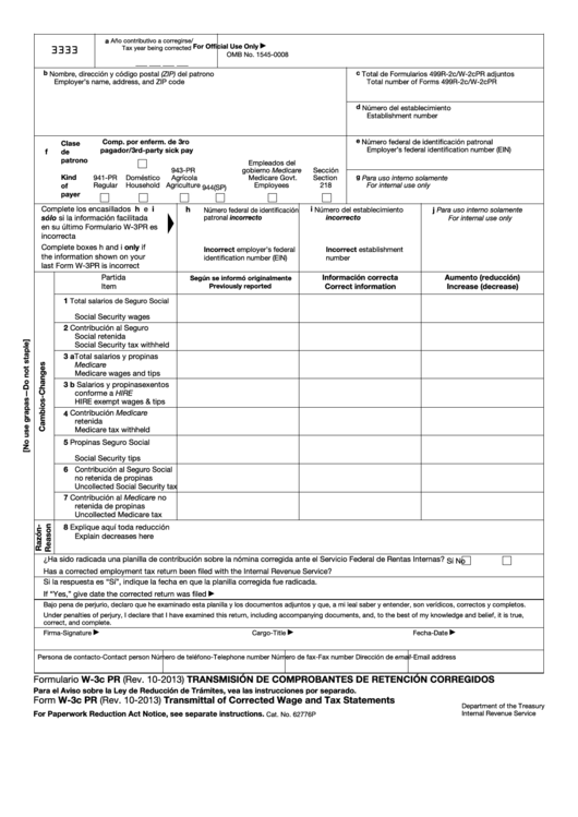 Fillable Formulario W-3c Pr (Form W-3c Pr) - Transmision De Comprobantes De Retencion Corregidos (Transmittal Of Corrected Wage And Tax Statements) Printable pdf