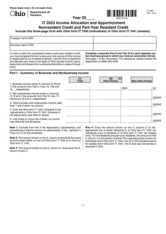 Fillable Form It 2023  Income Allocation And Apportionment Nonresident