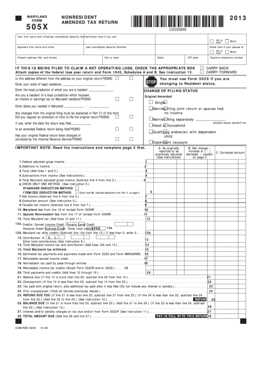 Fillable Maryland Form 505x - Nonresident Amended Tax Return - 2013 Printable pdf