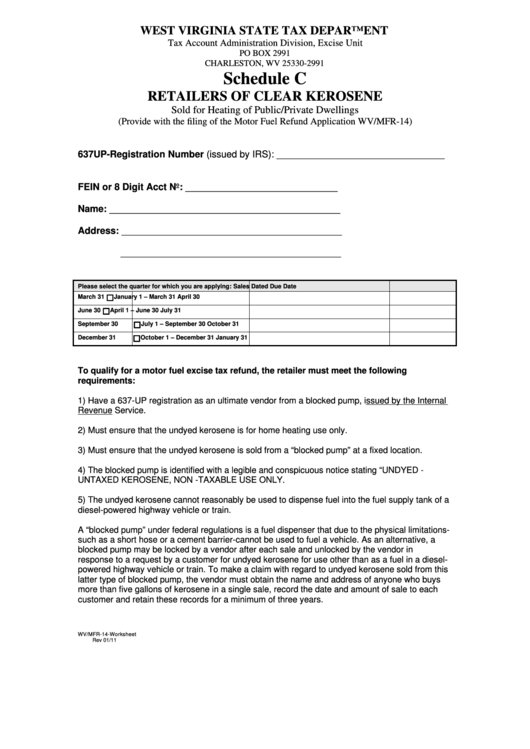 Form Wv/mfr-14-Worksheet - Schedule C - Retailers Of Clear Kerosene Printable pdf