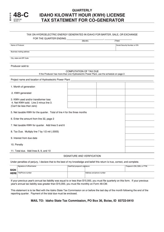 Fillable Form 48-C - Idaho Kilowatt Hour (Kwh) License Tax Statement For Co-Generator Printable pdf