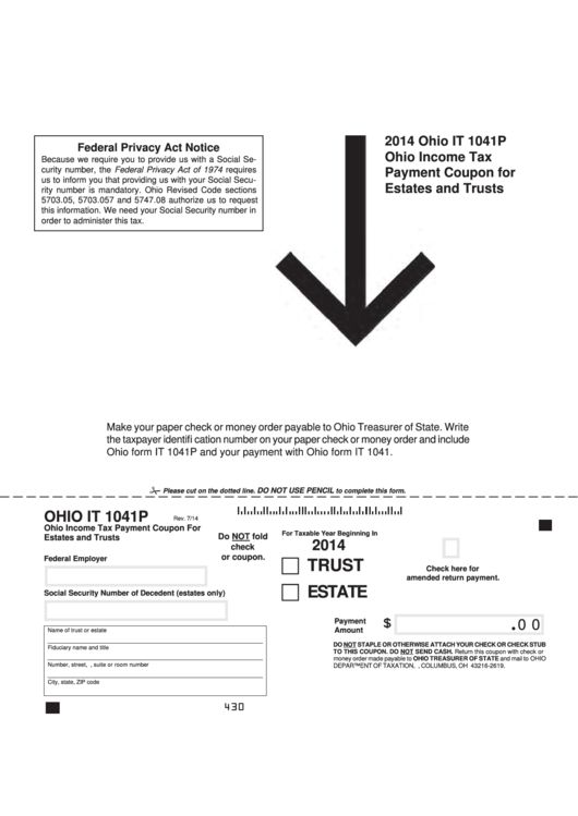 Fillable Form It 1041p - Ohio Income Tax Payment Coupon For Estates And Trusts - 2014 Printable pdf