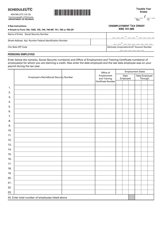 Schedule Utc (Form 42a740-Utc) - Unemployment Tax Credit Printable pdf
