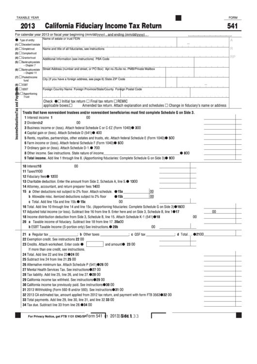 Fillable Form 541 - California Fiduciary Income Tax Return - 2013 Printable pdf