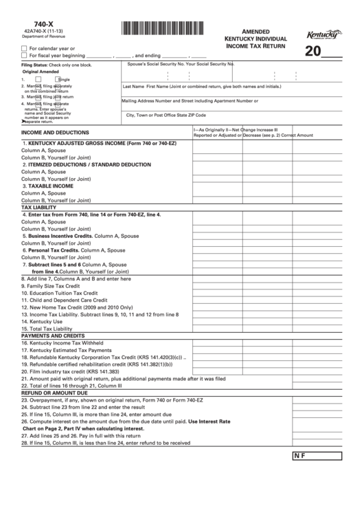 Fillable Form 740-X - Amended Kentucky Individual Income Tax Return Printable pdf