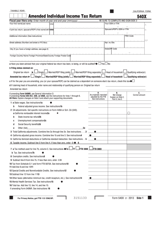 Fillable California Form 540x - Amended Individual Income Tax Return - 2013 Printable pdf