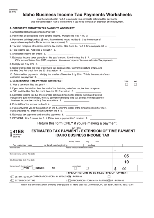 Fillable Form 41es - Estimated Tax Payment/extension Of Time Payment Idaho Business Income Tax Printable pdf