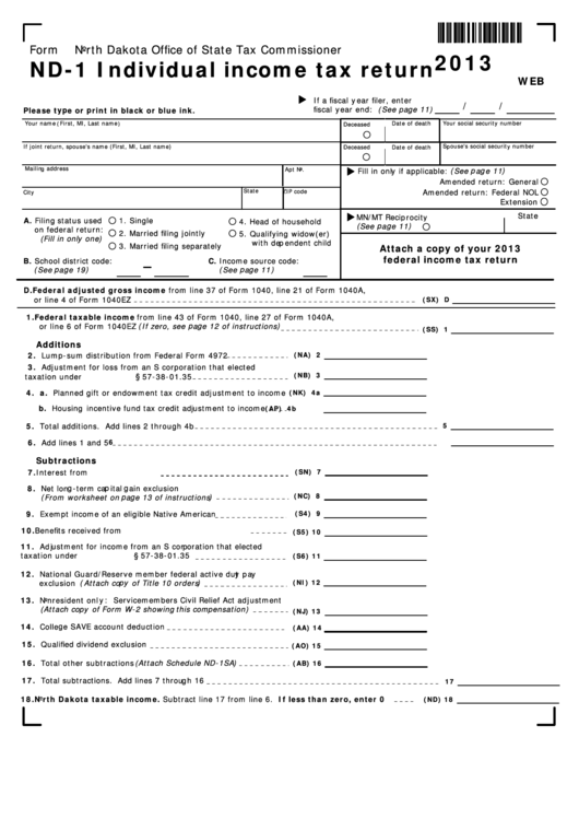 Fillable Form Nd-1 - Individual Income Tax Return - 2013 Printable pdf