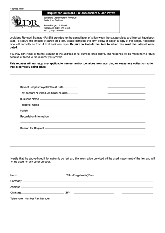 Fillable Form R-19023 - Request For Louisiana Tax Assessment & Lien Payoff Printable pdf