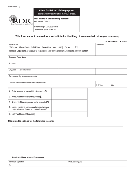 Fillable Form R-20127 - Claim For Refund Of Overpayment Printable pdf