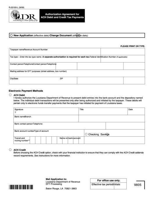 Fillable Form R-20193-L - Authorization Agreement For Ach Debit And Credit Tax Payments Printable pdf