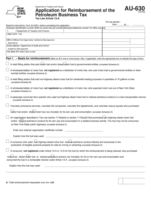 Fillable Form Au-630 - Application For Reimbursement Of The Petroleum Business Tax Printable pdf