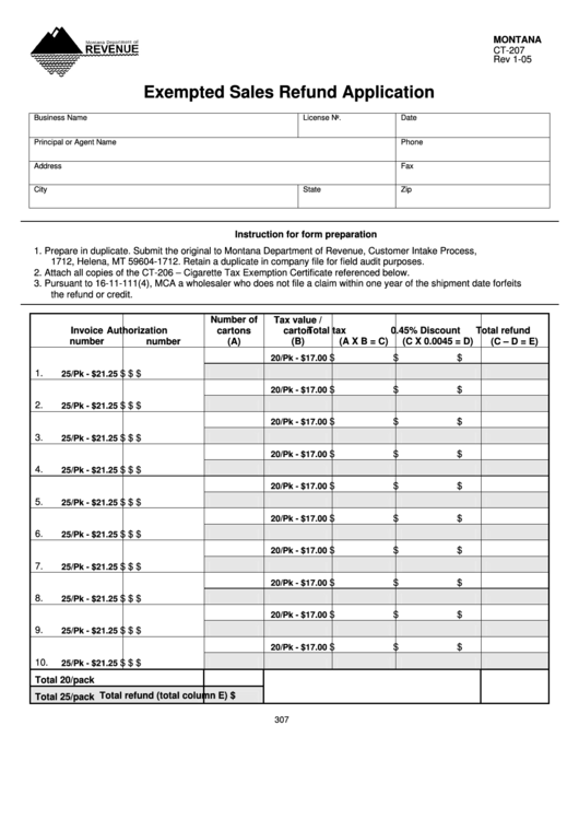 Fillable Montana Form Ct-207 - Exempted Sales Refund Application Printable pdf
