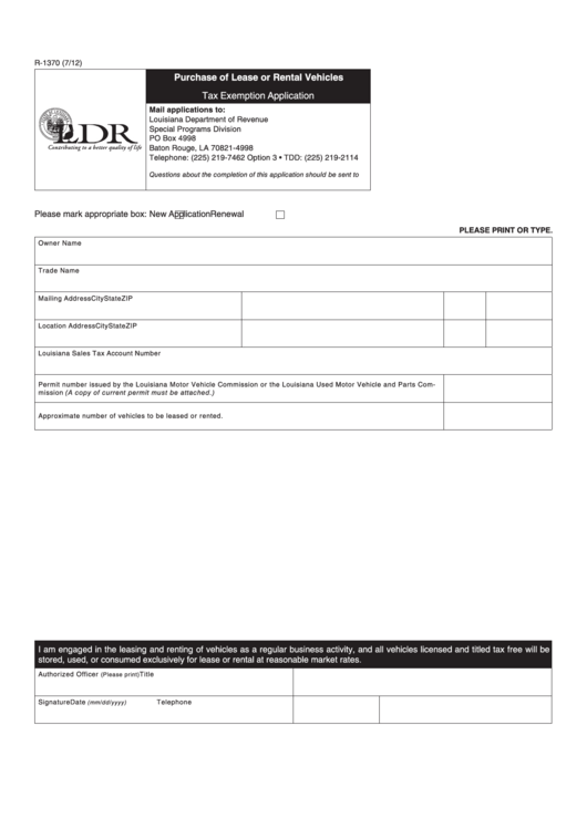 Fillable Form R-1370 - Purchase Of Lease Or Rental Vehicles Tax Exemption Application Printable pdf