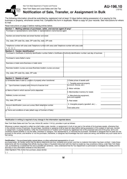 Fillable Form Au-196.10 - Notification Of Sale, Transfer, Or Assignment In Bulk Printable pdf