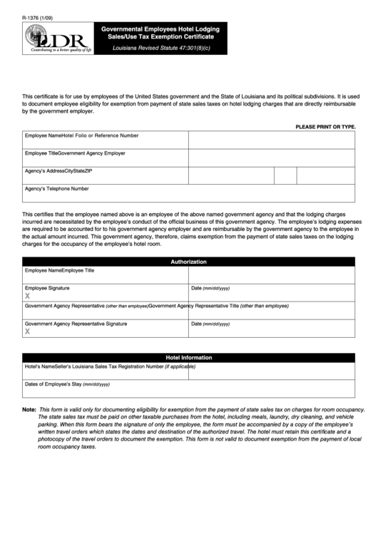 Fillable Form R-1376 - Governmental Employees Hotel Lodging Sales/use Tax Exemption Certificate Printable pdf