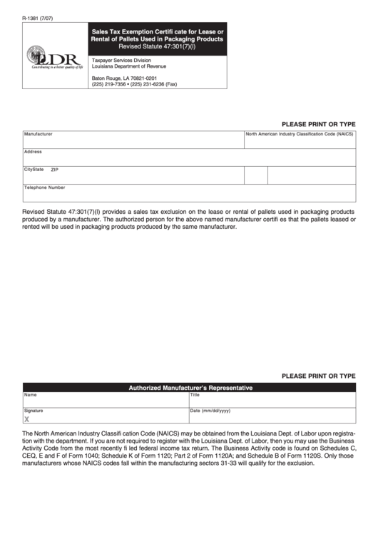 Fillable Form R-1381 - Sales Tax Exemption Certifi Cate For Lease Or Rental Of Pallets Used In Packaging Products Printable pdf