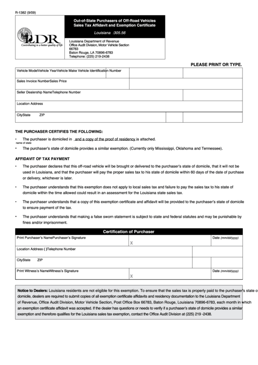 Fillable Form R-1382 - Out-Of-State Purchasers Of Off-Road Vehicles Sales Tax Affidavit And Exemption Certificate Printable pdf