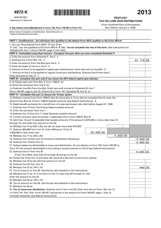 Fillable Form 4972-K - Kentucky Tax On Lump-Sum Distributions - 2013 Printable pdf
