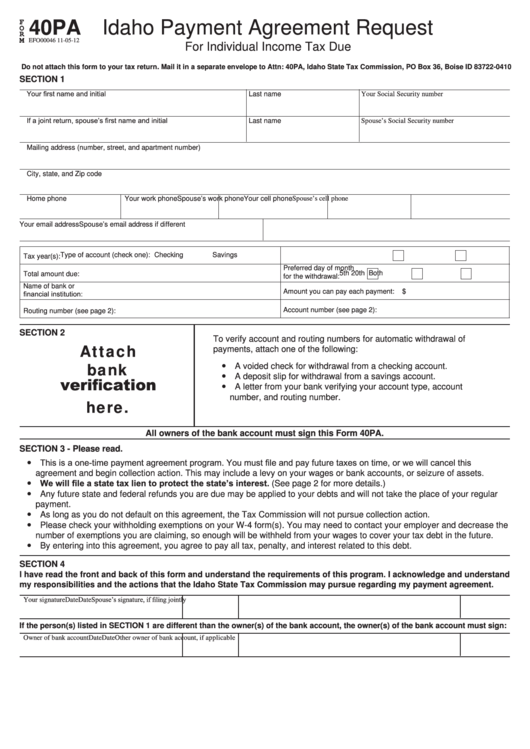Form 40pa - Idaho Payment Agreement Request