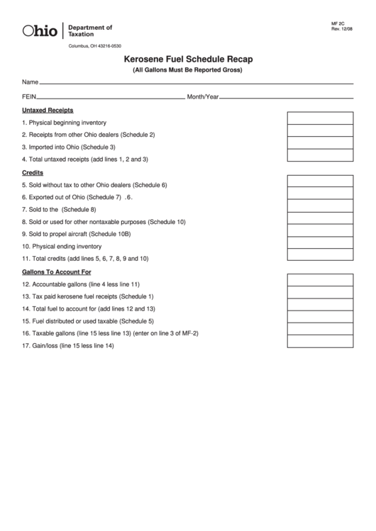 Fillable Form Mf 2c - Kerosene Fuel Schedule Recap Printable pdf
