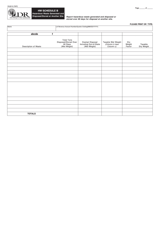 Fillable Form R-5212 - Hw Schedule B - Hazardous Waste Generated And Disposed/stored At Another Site Printable pdf