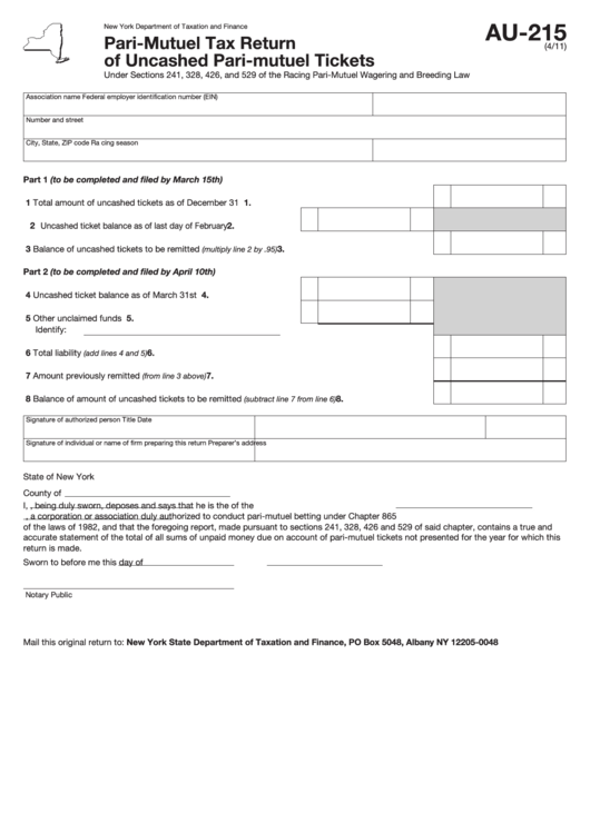 Form Au-215 - Pari-Mutuel Tax Return Of Uncashed Pari-Mutuel Tickets Printable pdf