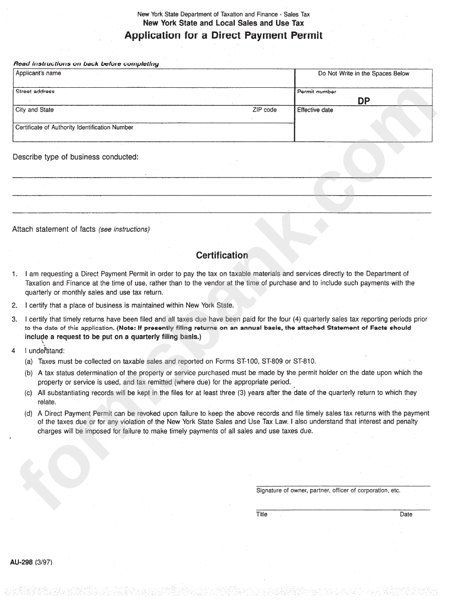Form Au-298 - Application For A Direct Payment Permit