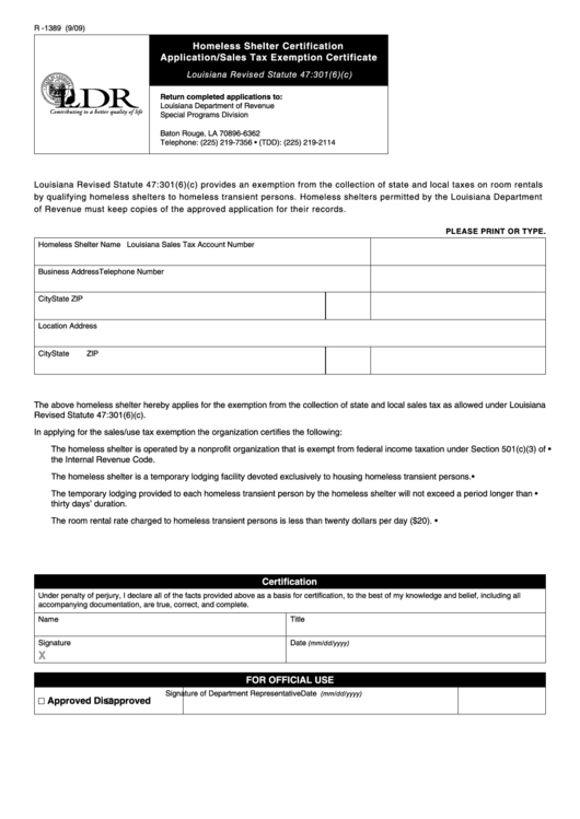 Fillable Form R -1389 - Homeless Shelter Certification Application/sales Tax Exemption Certificate Printable pdf