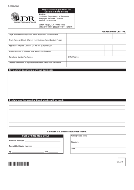 Fillable Form R-5305 - Registration Application For Gasoline Blend Stocks Printable pdf