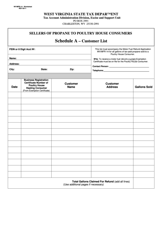 Fillable Form Wv/mfr-14 - Worksheet - Schedule A - Customer List - Sellers Of Propane To Poultry House Consumers Printable pdf