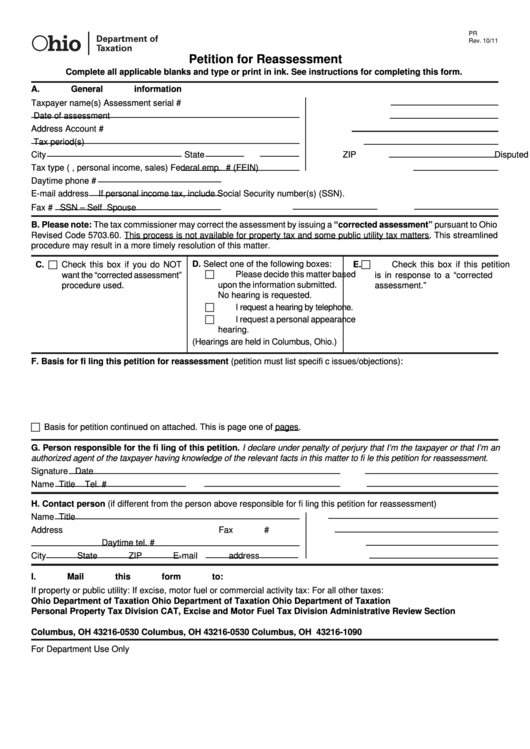 Fillable Form Pr - Petition For Reassessment Printable pdf