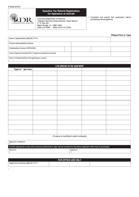 Form R-5329 - Gasoline Tax Refund Registration For Operators Of Aircraft Printable pdf