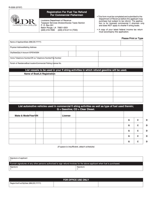 Form R-5330 - Registration For Fuel Tax Refund For Commercial Fishermen Printable pdf