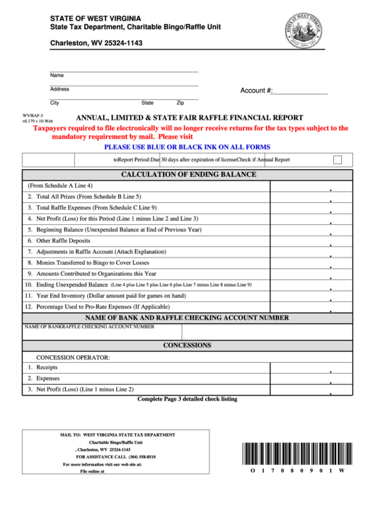 Fillable Form Wv/raf-3 - Annual, Limited And State Fair Raffle Financial Report Printable pdf