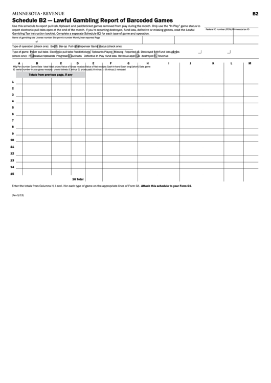 Fillable Schedule B2 - Lawful Gambling Report Of Barcoded Games Printable pdf