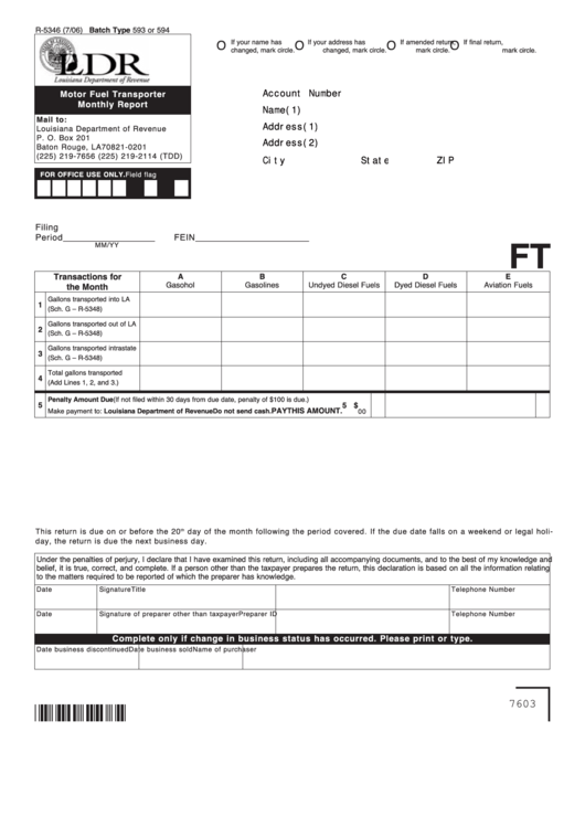 Fillable Form R-5346 - Motor Fuel Transporter Monthly Report Printable pdf