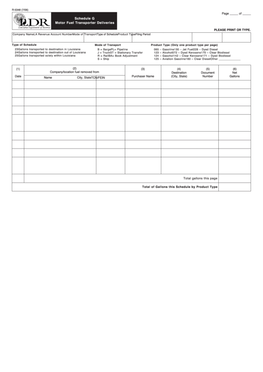 Fillable Form R-5348 - Schedule G - Motor Fuel Transporter Deliveries Printable pdf