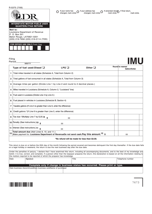 Fillable Form R-5375 - Interstate Motor Fuels User Quarterly Tax Return Printable pdf