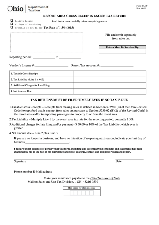 Fillable Form Ra-10 - Resort Area Gross Receipts Excise Tax Return Printable pdf